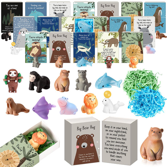 Soulchen 20 Sets Mini Emotional Gifts Bulk for Teacher Nurse Employee Positive Mental Health Stress Relief Gifts Resin Animal Figurines with Pun Box for Graduation End of Years Party Favors (Cute)