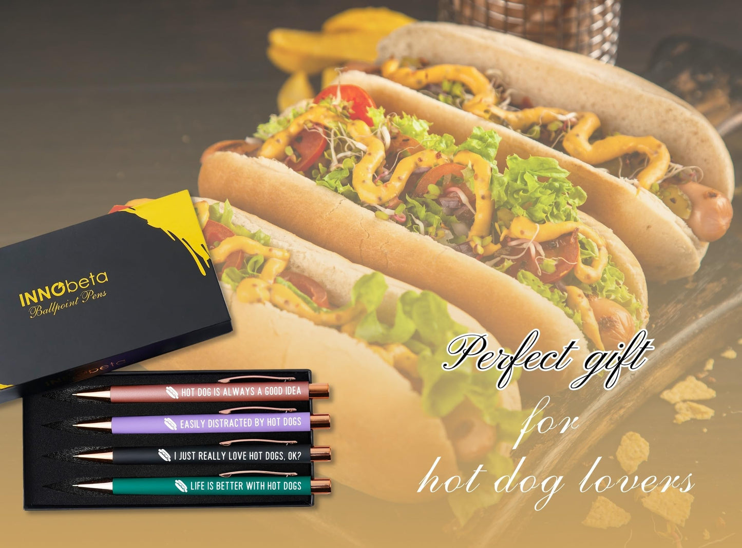 InnoBeta Hot Dog Gifts, A Gift Idea for Hotdog Lovers on Christmas, Birthday, Ballpoint Pen Set of 4
