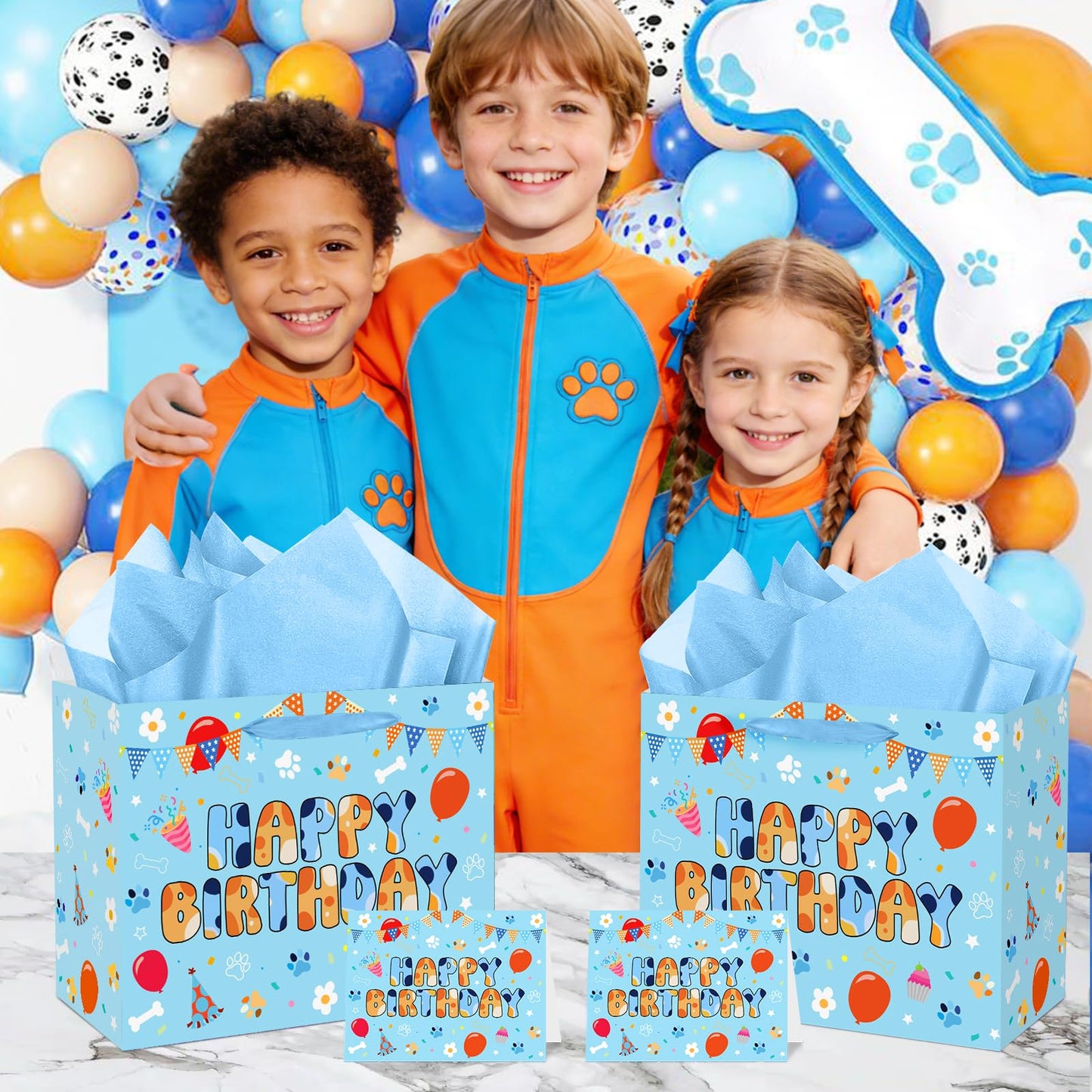 Cartoon Blue Dog Birthday Gift Bag with Wrapping Paper and Greeting Card Cute Blue and Orange Dog Gift Wrap Paper Bags Large Cartoon Birthday Party Favor Bags Decorations for Girls Boys Party Supplies