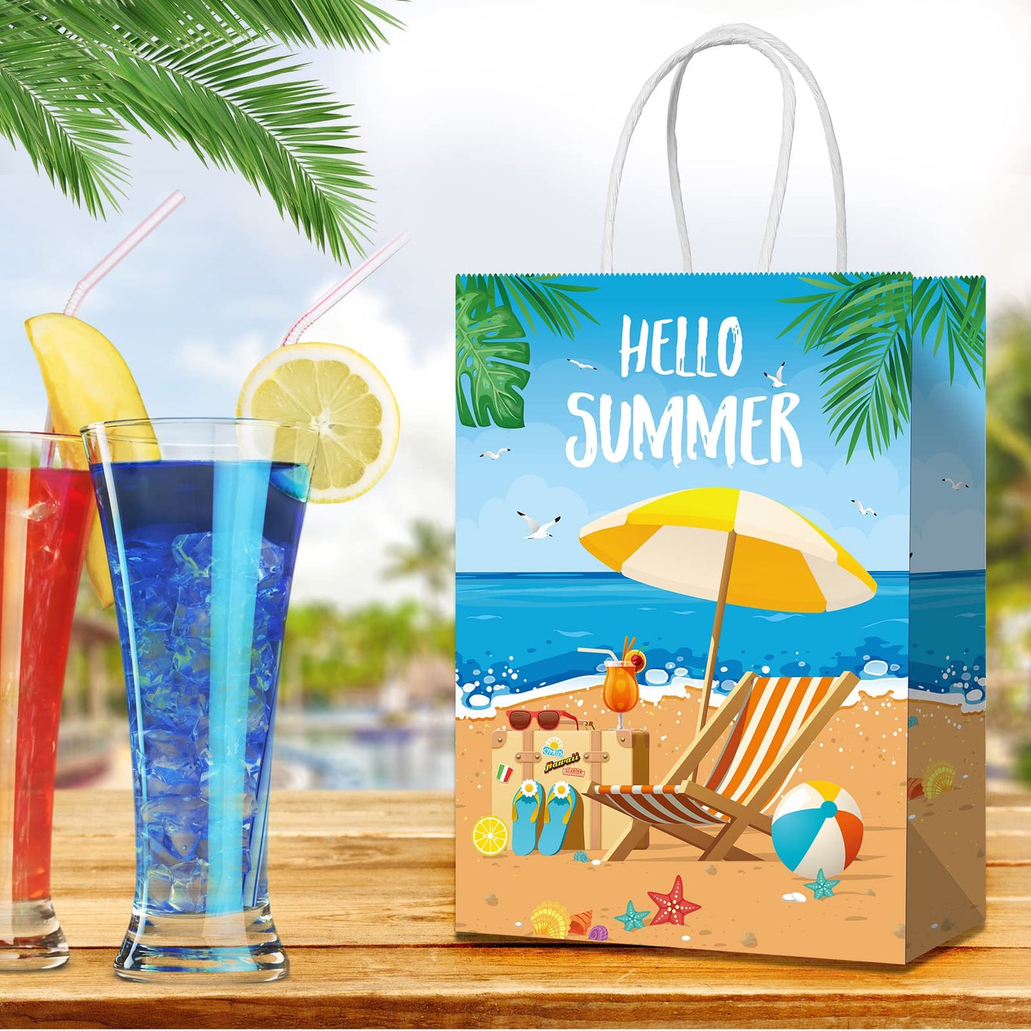 Pajean Beach Party Paper Bags, Summer Pool Goodie Candy Gift Treat Bags for Luau Tropical Beach Party Favors Supplies