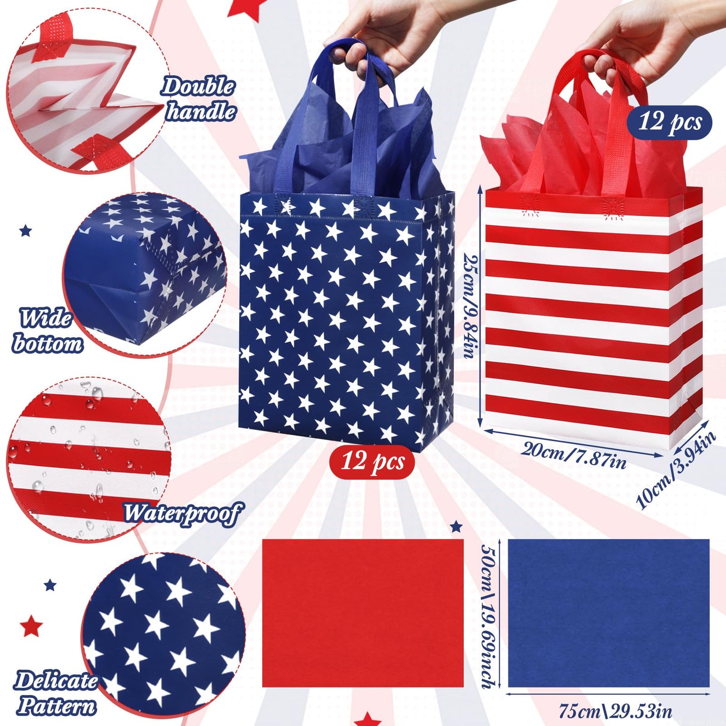 Yoojahow 24 Set Patriotic Gift Bags Bulk with Tissue Memorial Day American Flag 4th of July Red White Blue Tote Bags Non Woven Party Favors with Handle for Holiday Patriotic Birthday Supplies