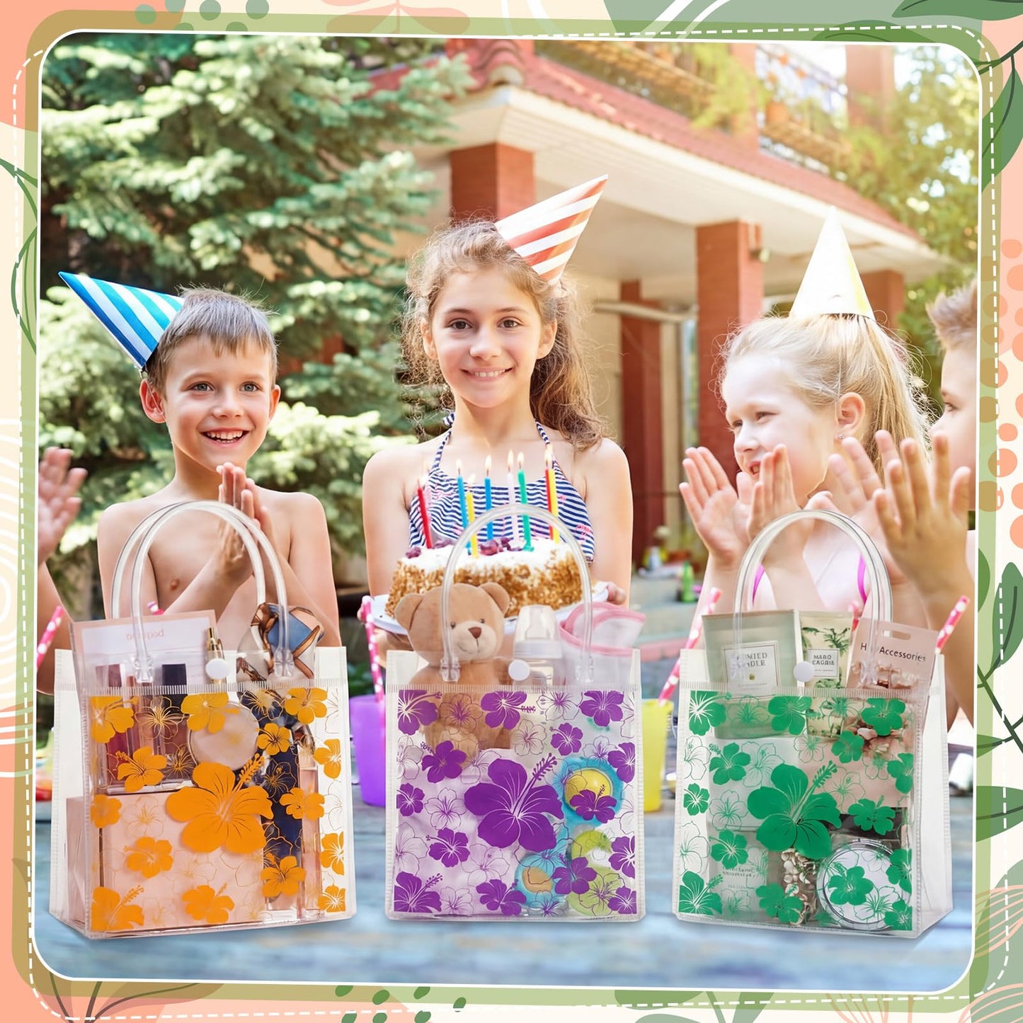 SilTriangle 36 Pcs Hawaiian Clear Gift Bags Luau Party Favors with Handles Bag 6.3 x 5.91 x 2.76 Inches Hibiscus PVC Goodie Bag Aloha Tropical Tiki Beach Gift Bags for Summer Birthday Party Supplies