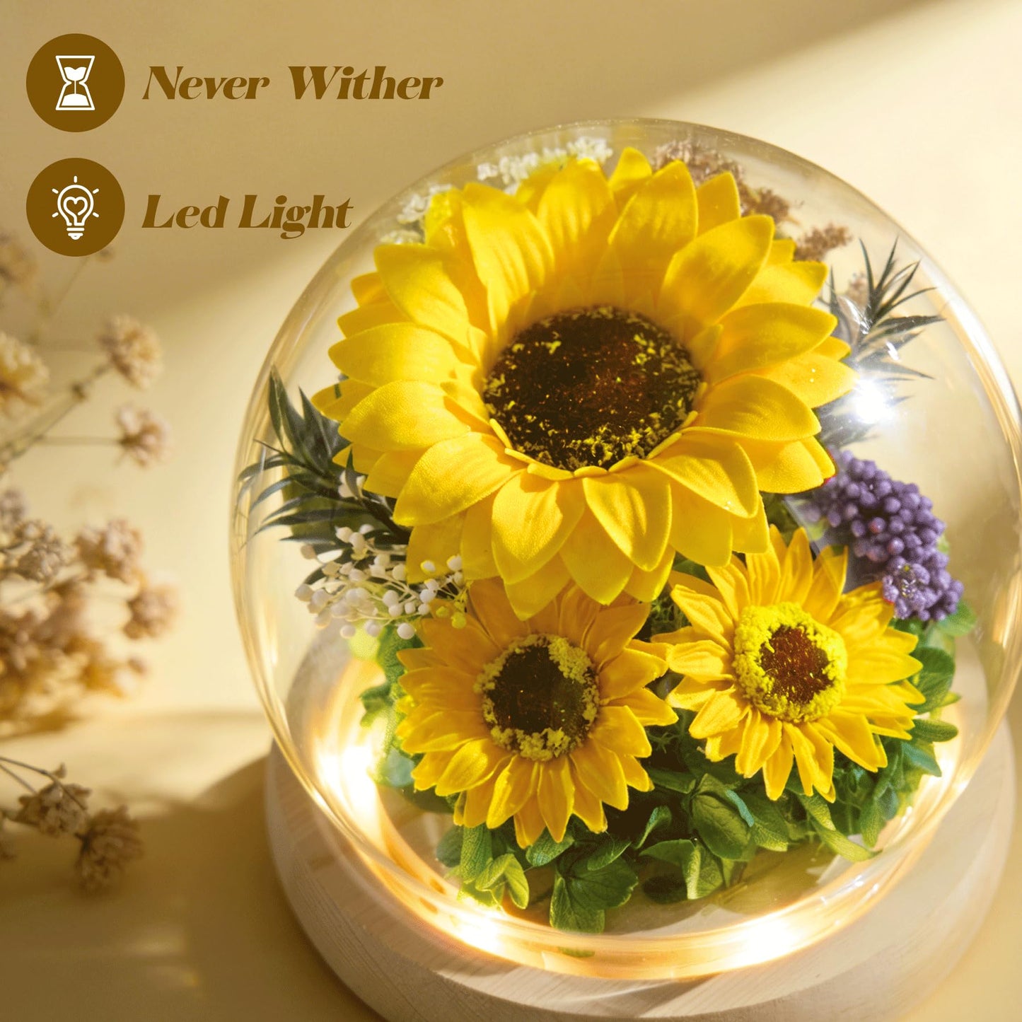 Mothers Day Sunflower Gifts for Mom Birthday Gift for Women, LED Glass Dome Preserved Eternal Flower Home Decor, for Mom Grandma Wife
