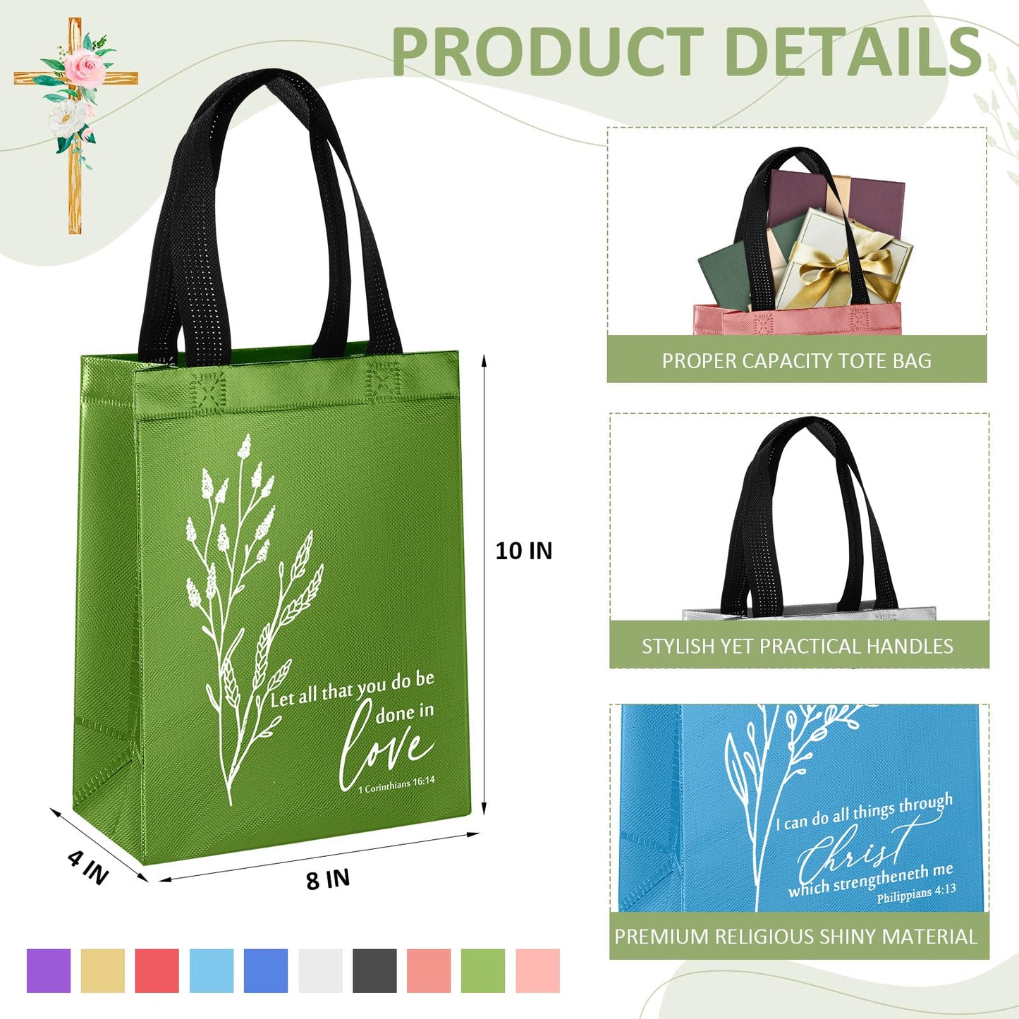 Sweetude 20 Pcs Christian Gift Bag Bulk, Reusable Church Welcome Totes with Handles, Medium Non Woven Floral Bible Verse Bag for Father's Day, Sunday School, VBS, Religious Event Favor (Multicolor)