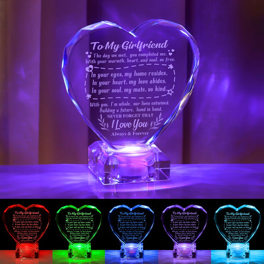 Unique Gifts for My Girlfriend, Love Crystal Gift for Girlfriend Christmas Day Birthday, Engraved Crystal Heart with Rechargeable Color-Changing LED Base, Perfect Christmas Gifts (Girlfriend)