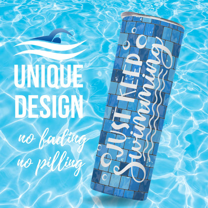 Onebttl Swimming Gifts, Swimmer Stainless Steel 20oz Skinny Tumbler for Women, Men, Teen Girls, Teammate, Coach, Swimming Pool Tiles - Just Keep Swimming