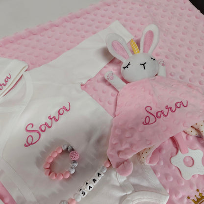 Personalized Newborn Baby Gift Sets, Customized Essential Stuff for Newborn Girl, Custom Embroidered Baby Blanket Onesie Hat Beanie Pacifier Clip Security Blanket with Name