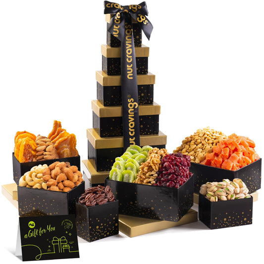 NUT CRAVINGS - Fathers Day Treats, Gift For Dad, Dried Fruit & Mixed Nuts Gift Basket, Black Tower + Ribbon (12 Assortments) Food Arrangement, Healthy Snack Care Package, Kosher