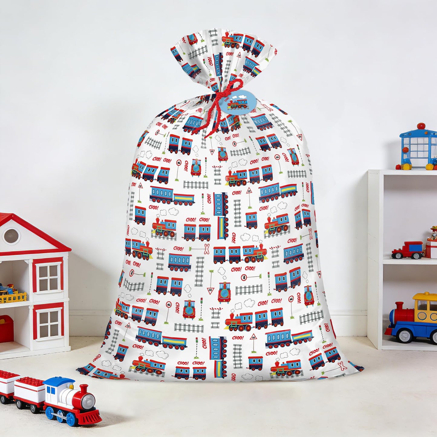 WRAPAHOLIC 56" Extra Large Train Birthday Plastic Gift Bag - Vintage Trains Tracks Jumbo Bike Bag Gift Wrap for Kids Boys Girls Birthday, Baby Shower - 56" H x 36" W