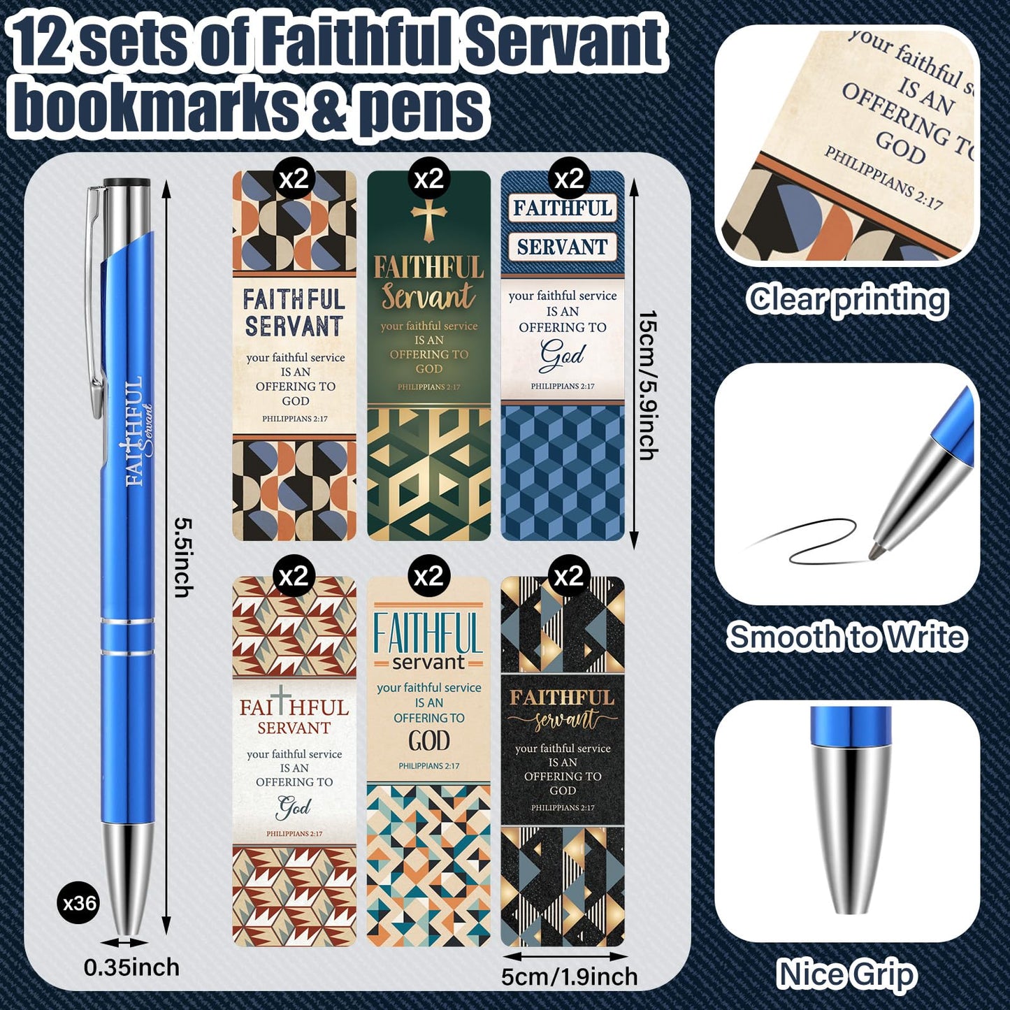 Dispowreath 24 Pcs/12 Sets Faithful Servant Gifts Pen with Bookmark 12 Faithful Servant Pen, 12 Philippians 2: 17 Bookmarks Appreciation Gift for Pastors Church Leaders Volunteers Prizes Party Favors