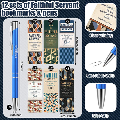 Dispowreath 24 Pcs/12 Sets Faithful Servant Gifts Pen with Bookmark 12 Faithful Servant Pen, 12 Philippians 2: 17 Bookmarks Appreciation Gift for Pastors Church Leaders Volunteers Prizes Party Favors