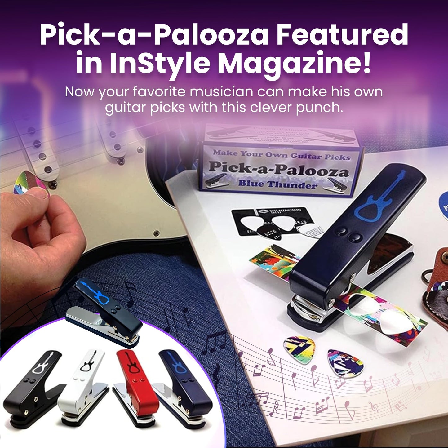 DIY Guitar Picks Punch Mega Pack - Custom Pick Maker for Musicians - Features Leather Key Chain Holder, Pick Strips with Artwork & File - Unique Gifts for Men & Women - Blue Punch