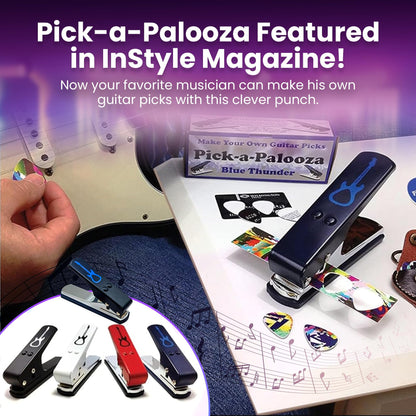DIY Guitar Picks Punch Mega Pack - Custom Pick Maker for Musicians - Features Leather Key Chain Holder, Pick Strips with Artwork & File - Unique Gifts for Men & Women - Blue Punch