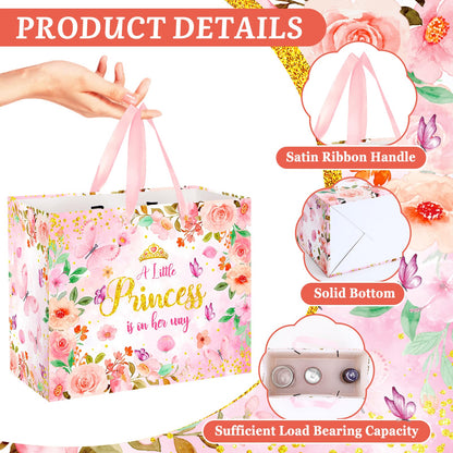 Princess Baby Shower Birthday Gift Bag for Baby Girls A Little Princess is On Her Way Bag with Wrapping Paper Card Pink Rose Gold Flowers Gift Bag for Princess Baby Shower Birthday Party Supplies