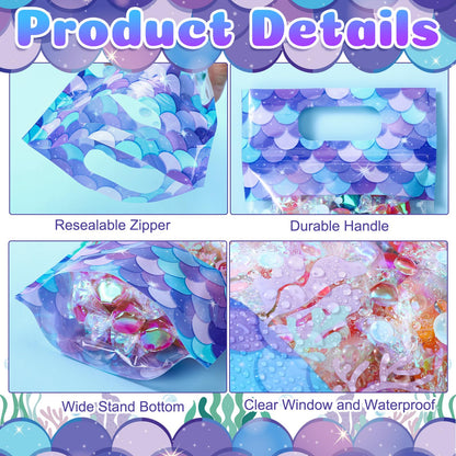 Sweetude 50 Pcs Mermaid Gift Bags Double-sided Print Plastic Bags with Handles Resealable Theme Sealed Pouch for Birthday Baby Shower Candy Gift Wrapping Supplies Decor (Mermaid)