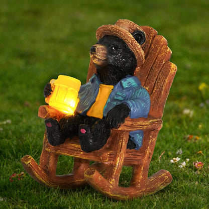 4.3" Miniature Solar Black Bear Garden Statue - Small Funny Bear in Rocking Chair with Glowing Beer Mug, Whimsical Outdoor Figurine for Patio & Desktop, Unique Birthday Gift for Dad/Men