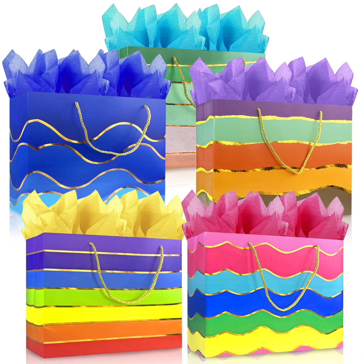 MUMULULU 5 Pack 16" Extra Large Gift Bags with Handle and Tissue Paper Birthday Gift Bags Rainbow Gift Bags for Birthday Party Baby Shower Wedding Holiday Presents
