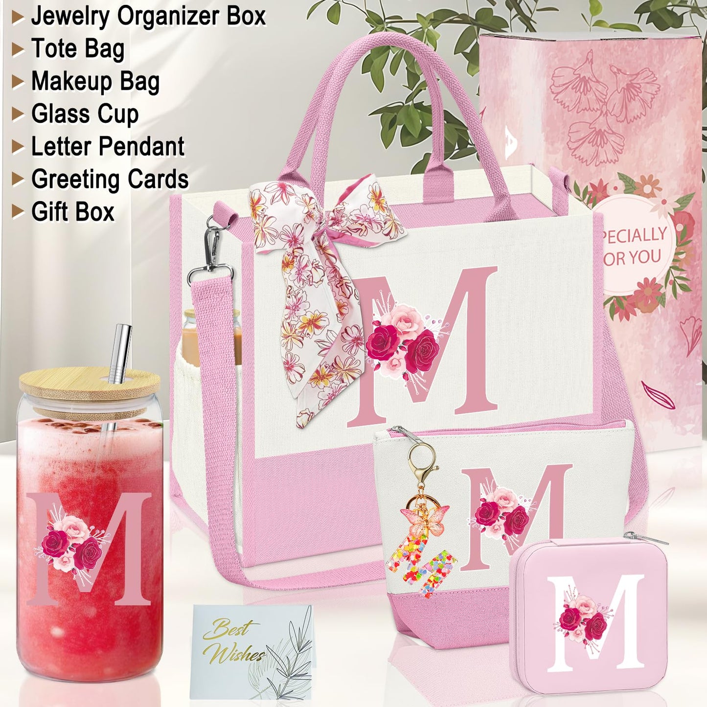 Mother's Day Gifts,Birthday Gift for Women,Initial Canvas Tote Bag,Personalized Gifts for Women,16oz Glass Cup With Straw,Jewelry Storage Box,Monogrammed Gift for Woman Mom Sister Bestie-M