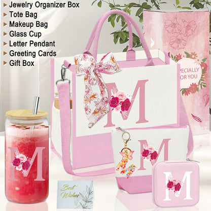 Mother's Day Gifts,Birthday Gift for Women,Initial Canvas Tote Bag,Personalized Gifts for Women,16oz Glass Cup With Straw,Jewelry Storage Box,Monogrammed Gift for Woman Mom Sister Bestie-M