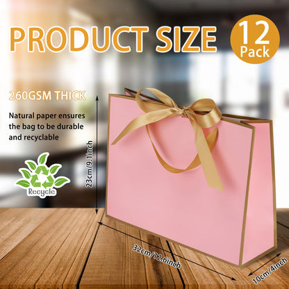 STOBOCTER 12 Pcs Thank You Gift Bags with Handles 12.6"x4"x9.1'' Welcome Bags Return Gifts with Bow Ribbon for Wedding Bridesmaid Baby Shower Graduation Housewarming Birthday Party(Pink, Gold)