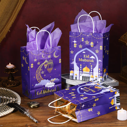 Trandraft 24 Pcs Eid Mubarak Gift Bags with Tissue Paper Ramadan Goodies Happy Eid Treats Bags Muslim Party Favor with Handle for Muslim Supplies Al Fitr Party Decoration(Purple)