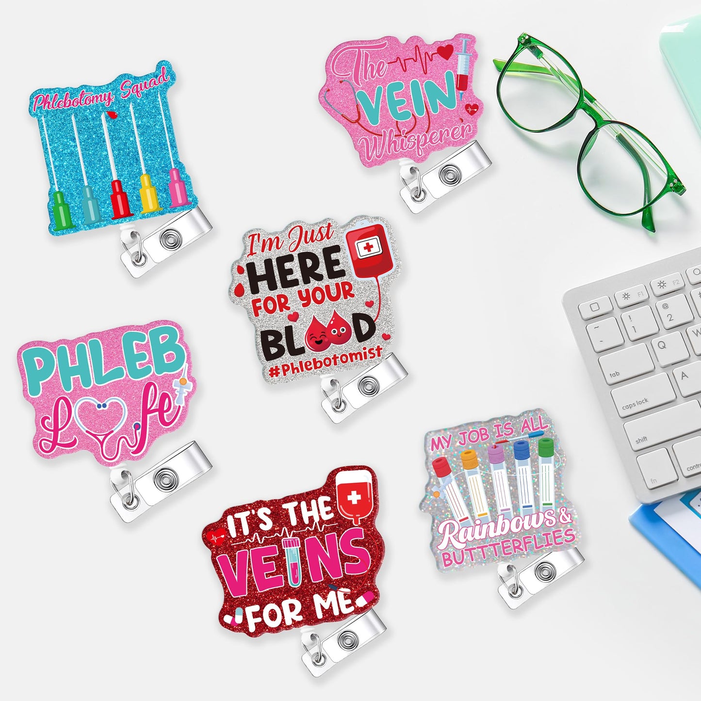 6 Pcs Phlebotomy Badge Reels, Retractable Funny Pink Glitter ID Badge Holder with Metal Clip, Phlebotomy Essentials and Phlebotomist Gifts