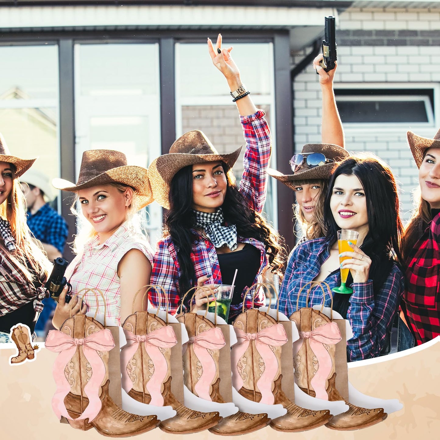 Sinload 12 Western Gift Bags Cowgirl Cowboy Boots Paper Bags with Pink Bow Handles Candy Goodie Treat Grocery Shopping for Cowgirl Party Supplies Birthday Western Party Favors (Brown Style)