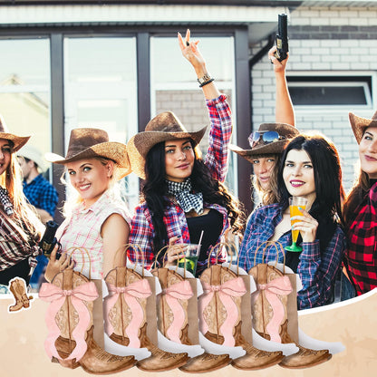 Sinload 12 Western Gift Bags Cowgirl Cowboy Boots Paper Bags with Pink Bow Handles Candy Goodie Treat Grocery Shopping for Cowgirl Party Supplies Birthday Western Party Favors (Brown Style)