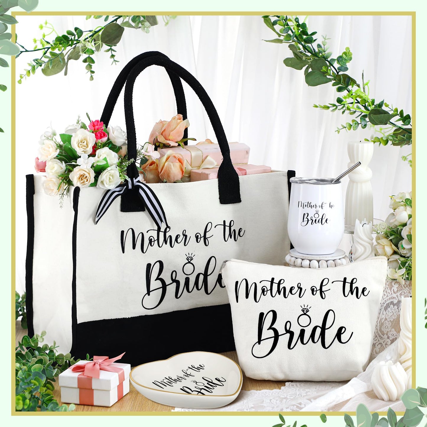 FoldTier 4 Pieces Mother of the Bride Bags Bridal Shower Gifts for Wedding Canvas Tote Bag for Mother of the Bride with Makeup Bag Tumbler Cup Mother Jewelry Tray Bridal Ring Holder for Wedding