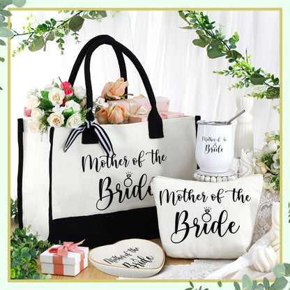 FoldTier 4 Pieces Mother of the Bride Bags Bridal Shower Gifts for Wedding Canvas Tote Bag for Mother of the Bride with Makeup Bag Tumbler Cup Mother Jewelry Tray Bridal Ring Holder for Wedding