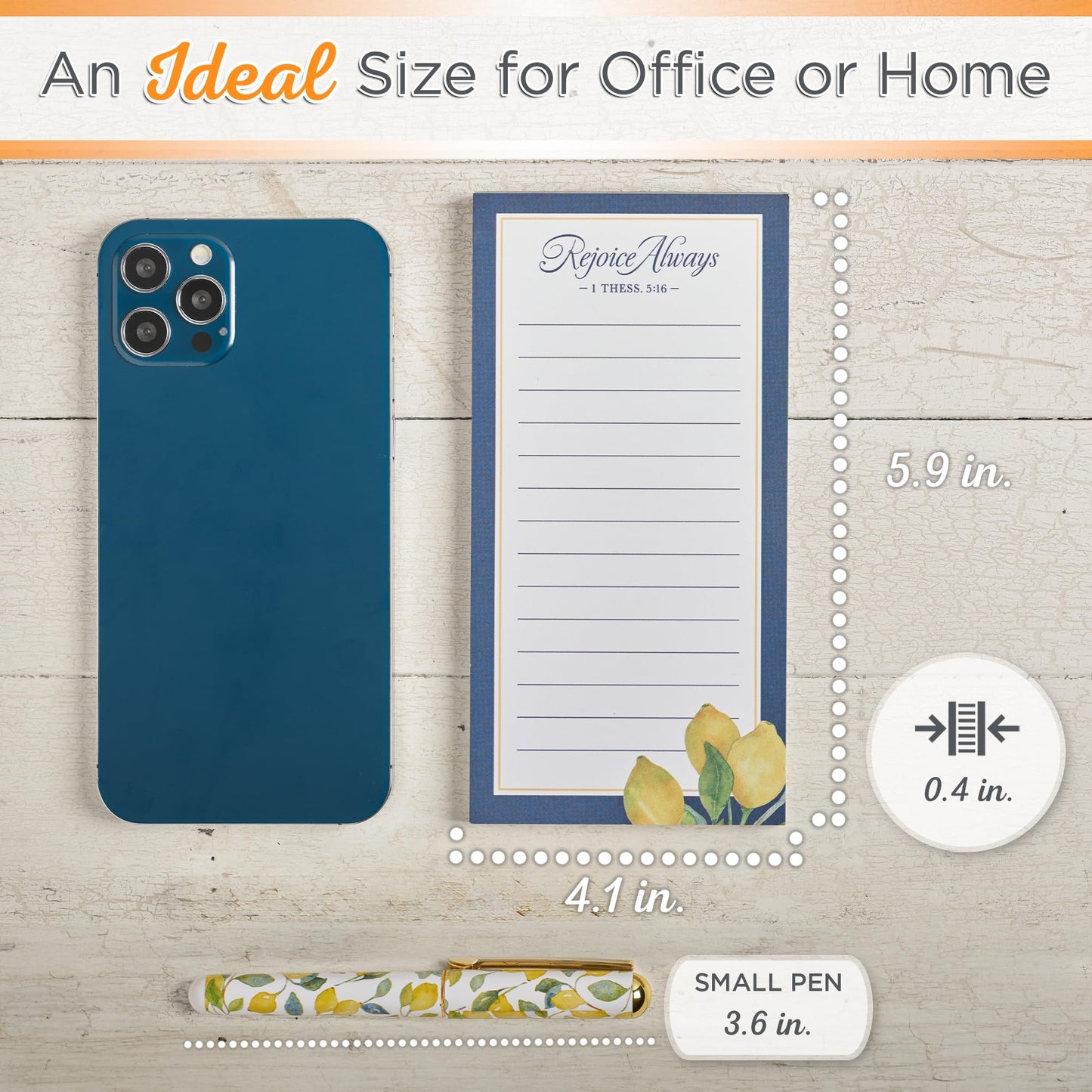 Christian Art Gifts Compact Magnetic Notepad & Medium Ballpoint Pen Set for Women: Rejoice Always Inspirational Scripture, Lists, Reminders, 70 Lined Easy Tear-off Sheets, Navy Blue & Yellow Lemons