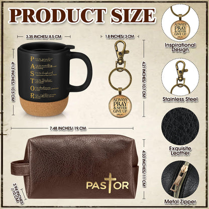 Dansydaisy 3 Pcs Fathers Day Church Gifts 13.5 oz Ceramic Cup with Lid Man of God Religious Leather Bag and Inspirational Christian Keychain for Men Pastor Church Welcome Gifts(Pastor,Brown)