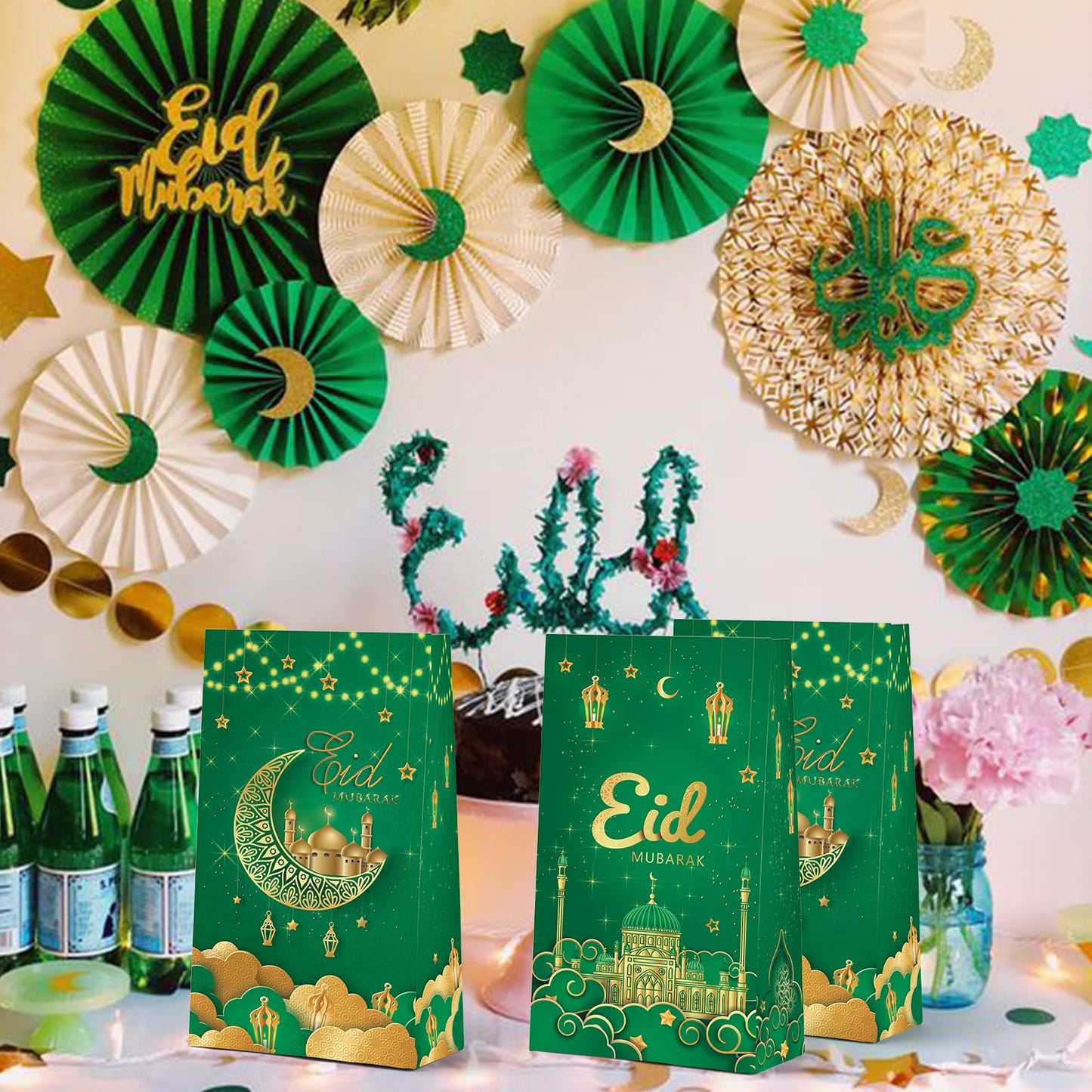 KALEFO 24 PCS Eid Mubarak Favor Gift Bags Ramadan Muslim Party Supplies Goodie Treat Bags for Candy Table Decorations Eid Birthday Celebrations Green