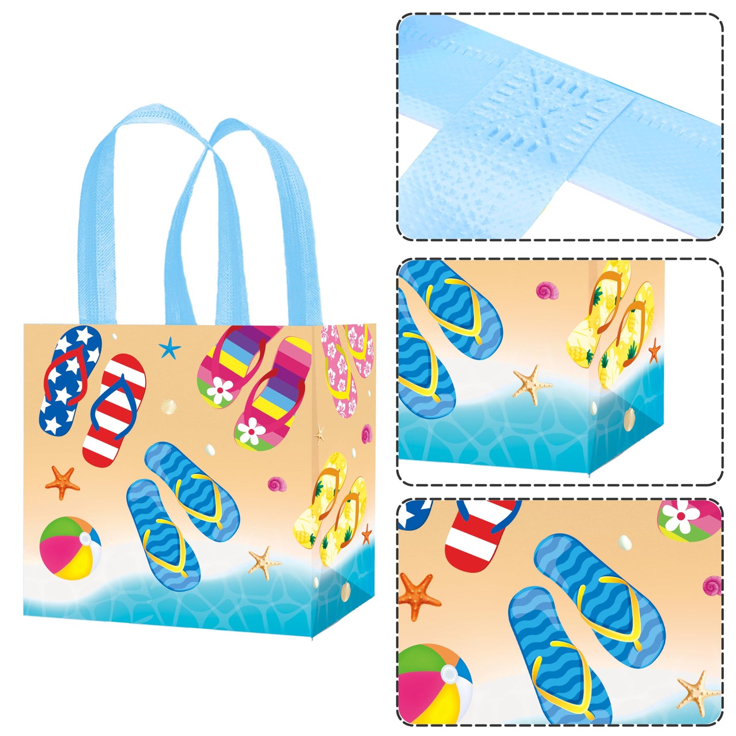 C L cooper life 12pcs Beach Flip-Flop Gift Treat Bags with Handles Summer Party Grocery Shopping Bags Flip-flop Beach Ball Theme Non-Woven Bag for Hello Summer Birthday Party Supplies