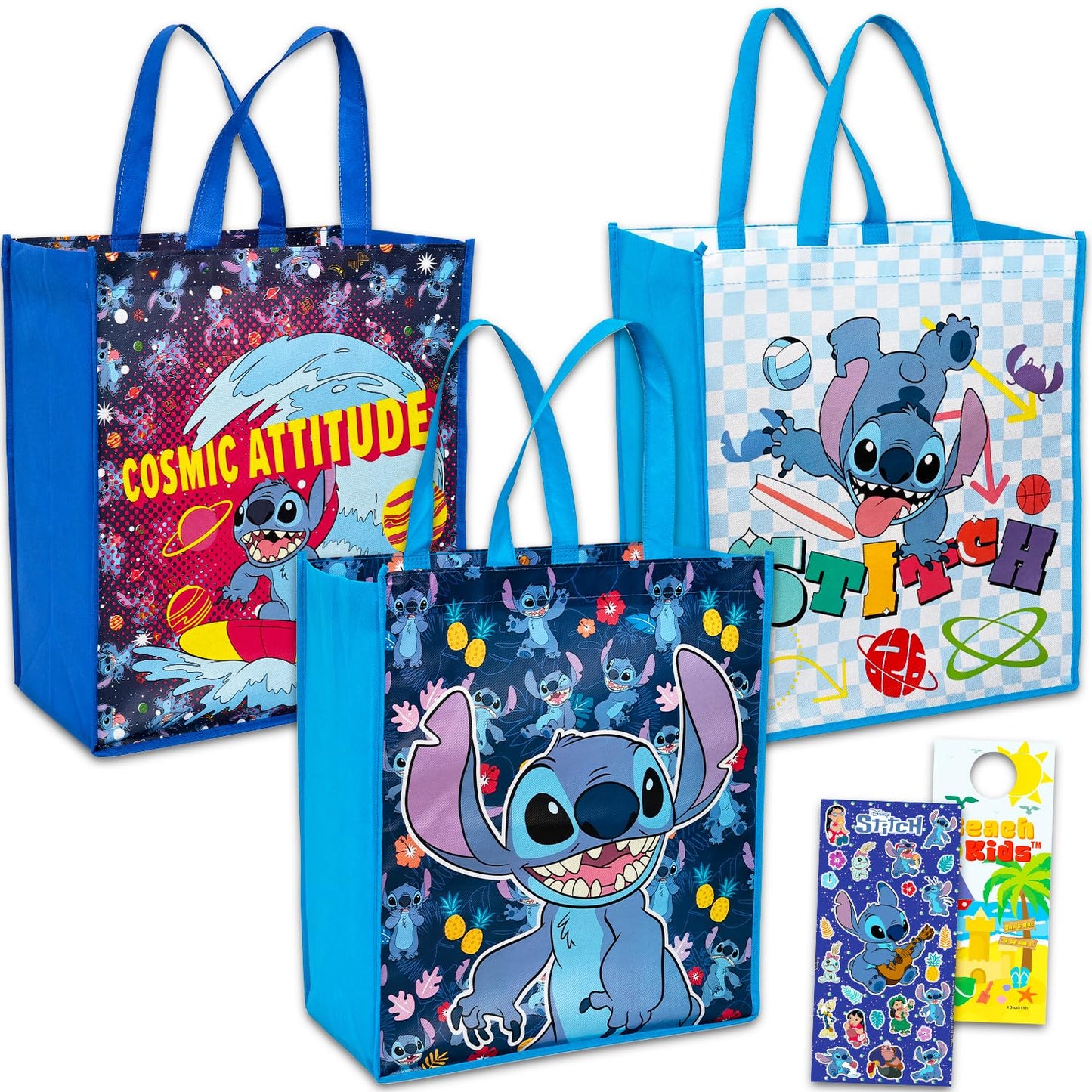 Stitch Tote Bag Bundle - Disney Accessories Bundle with 3 Grocery Bags Plus Stickers, More | Disney Lilo and Stitch Reusable Bags Set
