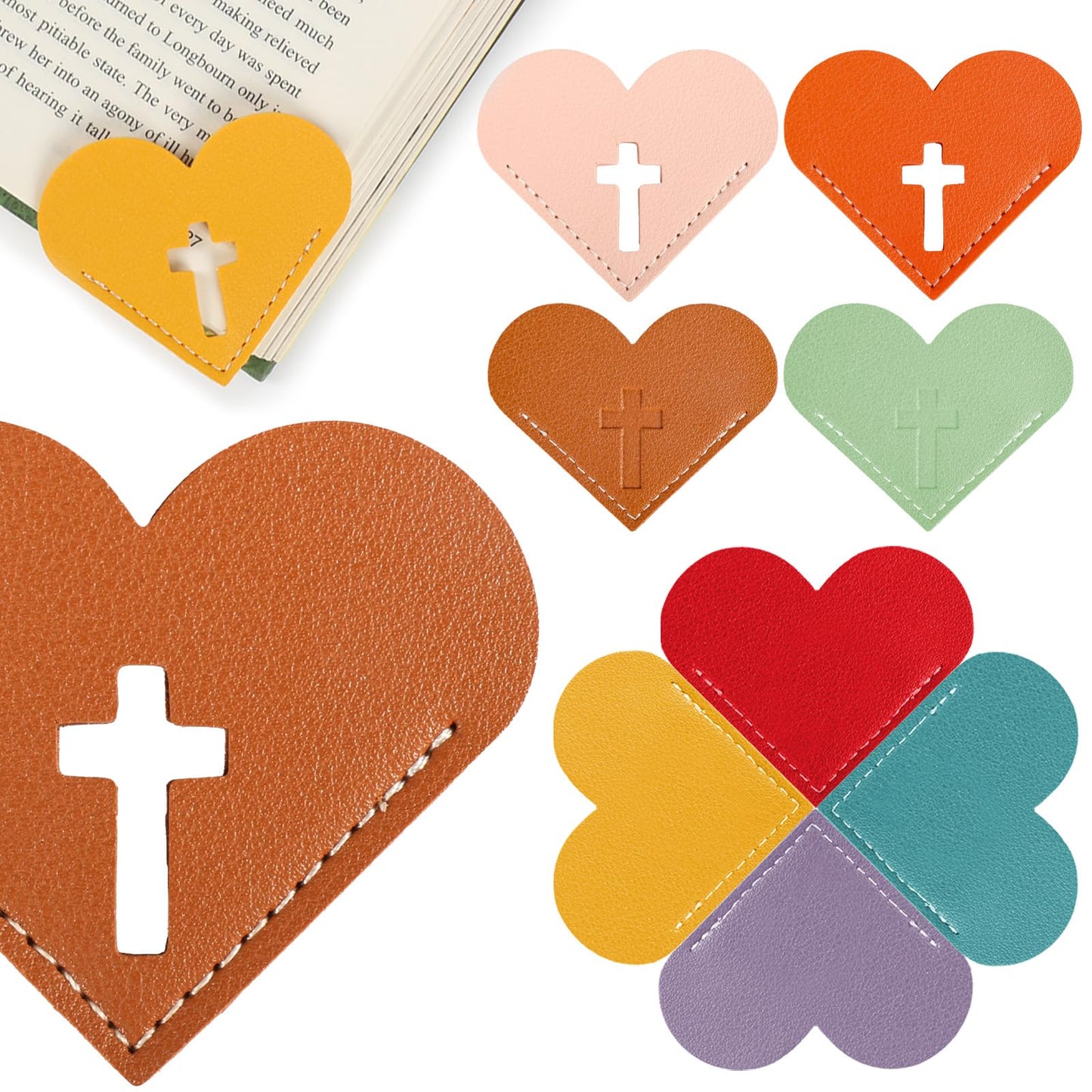 8 Pcs Leather Heart Bookmarks with Cross Design, Christian Gifts for Women, Book Accessories and Gifts for Church or Book Club(Cut-Out)
