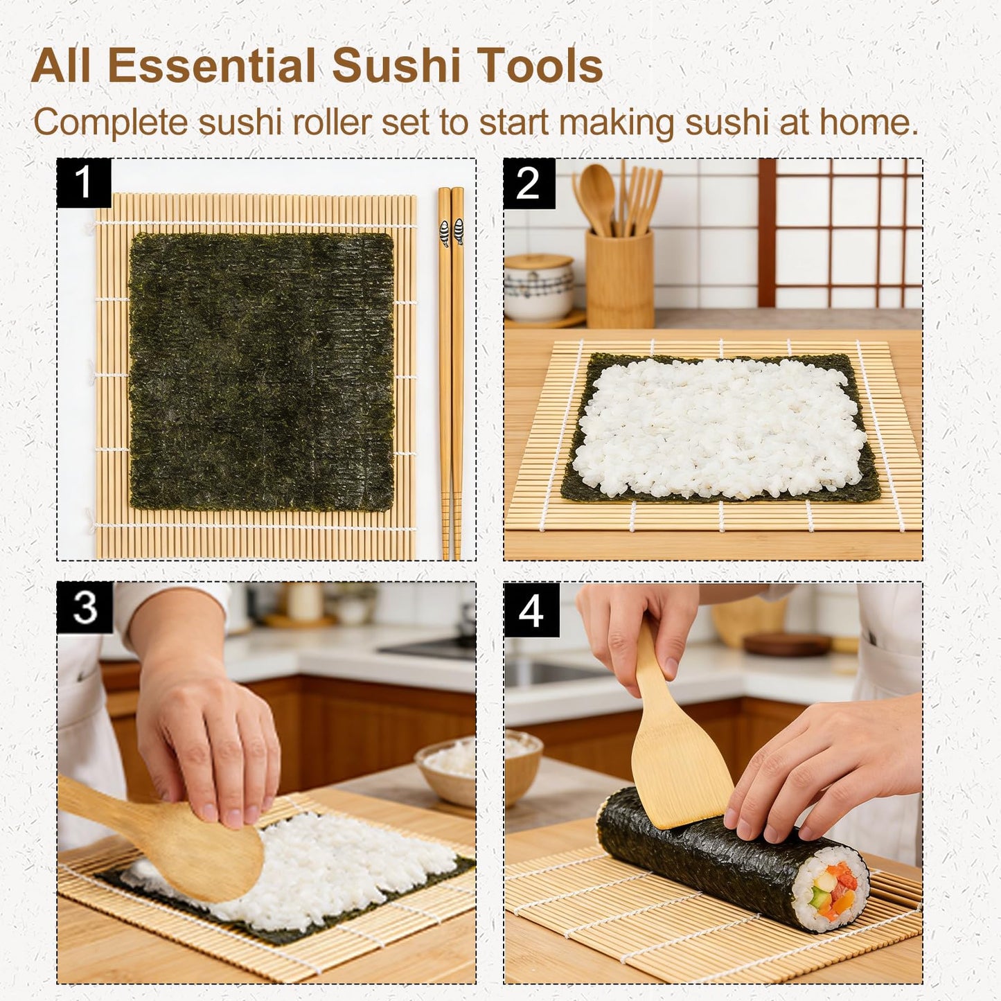 Bamboo Sushi Making Kit for Beginners, 9 Piece Sushi Rolling Mat Set with Chopsticks, Traditional Sushi Roller Kit & Sushi Maker, Cooking Kit for Adults, Family DIY & Date Night Gift