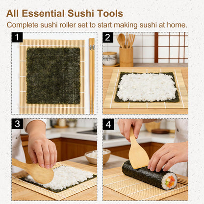 Bamboo Sushi Making Kit for Beginners, 9 Piece Sushi Rolling Mat Set with Chopsticks, Traditional Sushi Roller Kit & Sushi Maker, Cooking Kit for Adults, Family DIY & Date Night Gift
