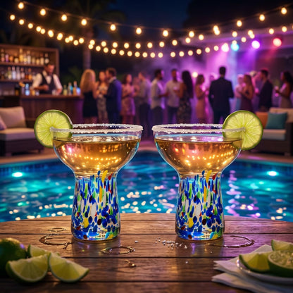 Large Stemless Margarita Glasses Set of 2-14oz Luxury Hand Blown Confetti Margaritas, Martini, Cocktails, Water, Wine, Dessert & Champagne Glasses Cinco de Mayo
