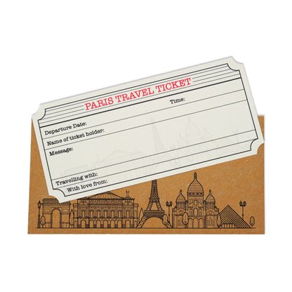 Paris White (with Gold Shimmer Effect) Travel Ticket and Envelope. Paris Themed Ticket Surprise Holiday Gift.