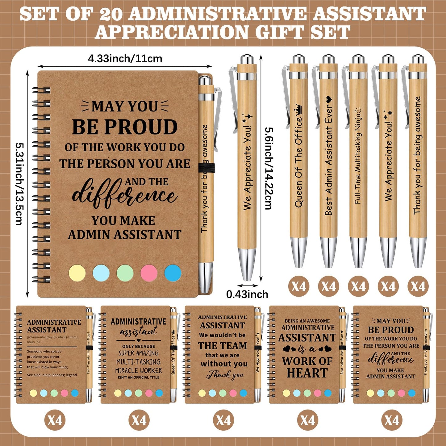 Eaasty 40 Pcs/ 20 Set Administrative Assistant Appreciation Gift Bulk Administrative Professional Day Notebook with Sticky Note Ballpoint Pen Thank You Gift for Women Secretary Employee Coworkers