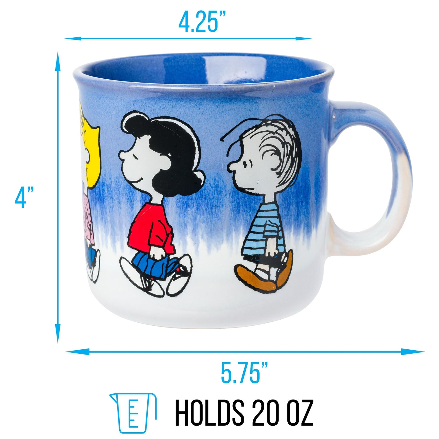 Silver Buffalo Peanuts Reactive Glaze Ceramic Camper Mug Featuring Charlie Brown, Lucy, Sally, Woodstock, and Linus, 20 Ounces