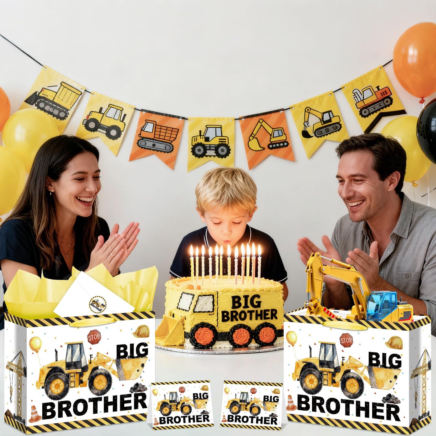 Big Brother Gift Bag for Boys Big Bro Birthday Gift Bag with Wrapping Paper Card Sticker Envelope Construction Gifts for Little Boy Son Grandson Nephew New Baby Birthday Party Decorations Supplies