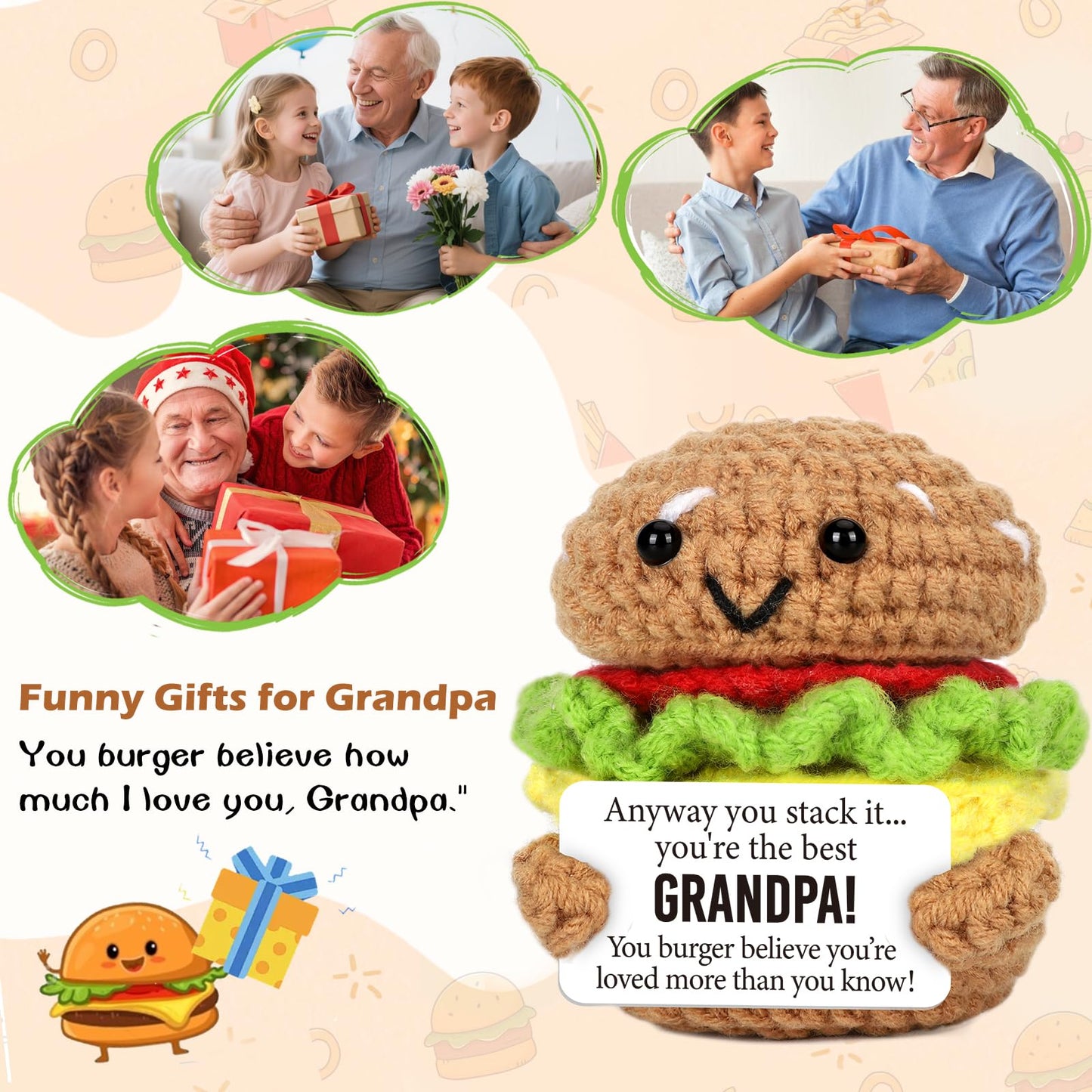 Mini Fathers Day Birthday Gifts for Grandpa from Granddaughter Grandson Handmade Crochet Burger Birthday Gifts for Grandfather Thank You Gift for Papa New Grandfather Bonus from Grandkids