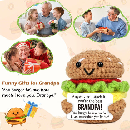 Mini Fathers Day Birthday Gifts for Grandpa from Granddaughter Grandson Handmade Crochet Burger Birthday Gifts for Grandfather Thank You Gift for Papa New Grandfather Bonus from Grandkids