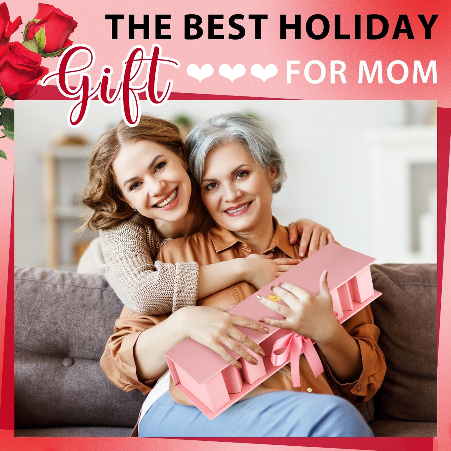 PYQTH 4 Pack Empty Flower Gift Box for Mom, Mothers Day Mom Box for Flowers Thicker Letter Shaped Gift Boxes Fillable Chocolate Candy Packaging Boxes for Mother's Day Birthday (Pink)