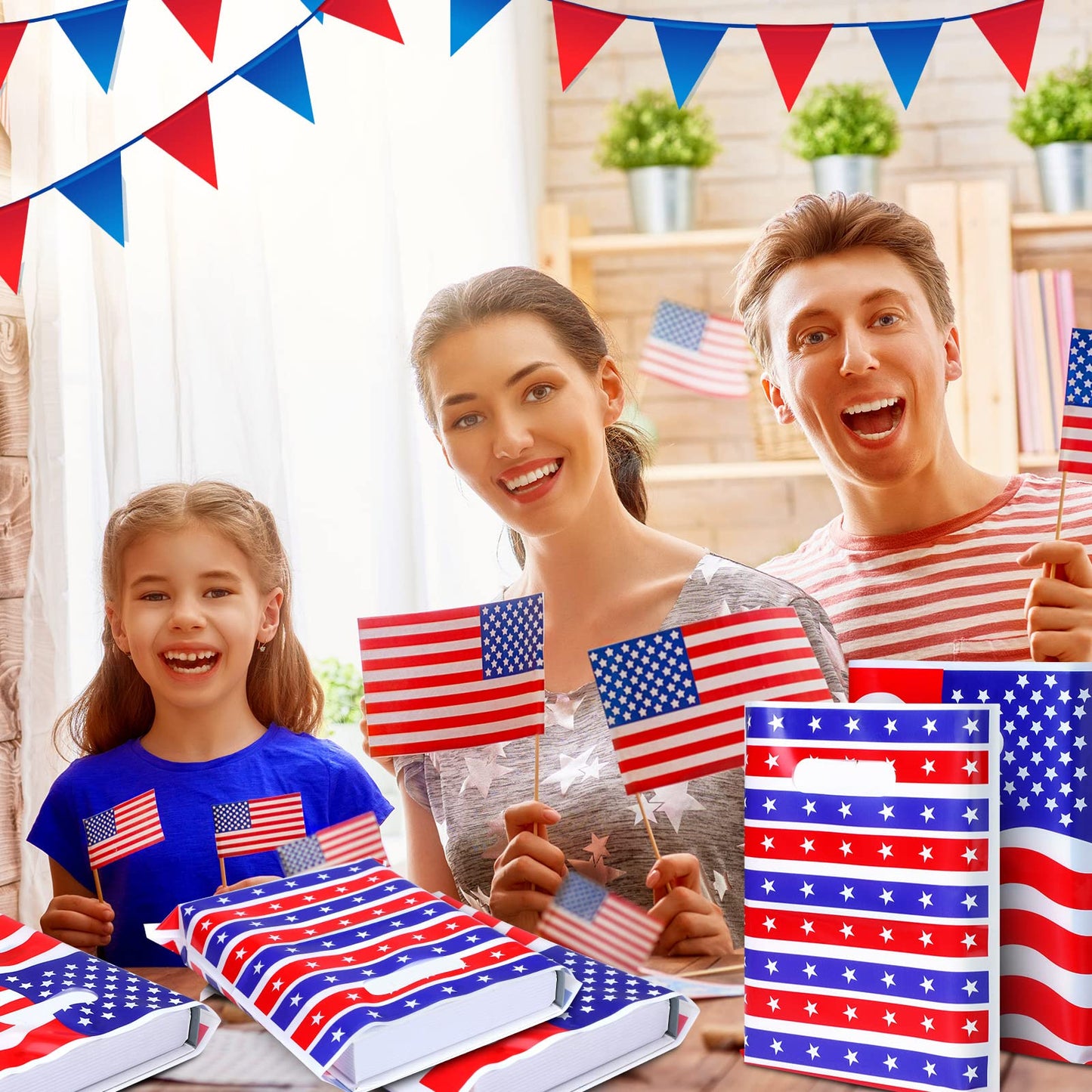 Qeeenar 100 Pcs Patriotic Gift Bags Red White and Blue Goodie Bags Bulk 4th of July Party Favor Bag with Handle Memorial Day USA Flag Merchandise Bag for 250th Anniversary Independence Day, 2 Designs