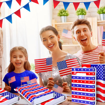 Qeeenar 100 Pcs Patriotic Gift Bags Red White and Blue Goodie Bags Bulk 4th of July Party Favor Bag with Handle Memorial Day USA Flag Merchandise Bag for 250th Anniversary Independence Day, 2 Designs