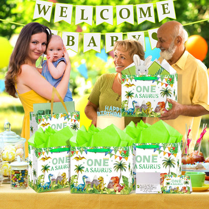 Woosytoo Baby Boys 1st Birthday Gift Bag One a Saurus Decorations Dinosaur First Birthday Gift Wrapping Paper Bag with Tissue Paper for Dino One Years Old Party Favor Supplies