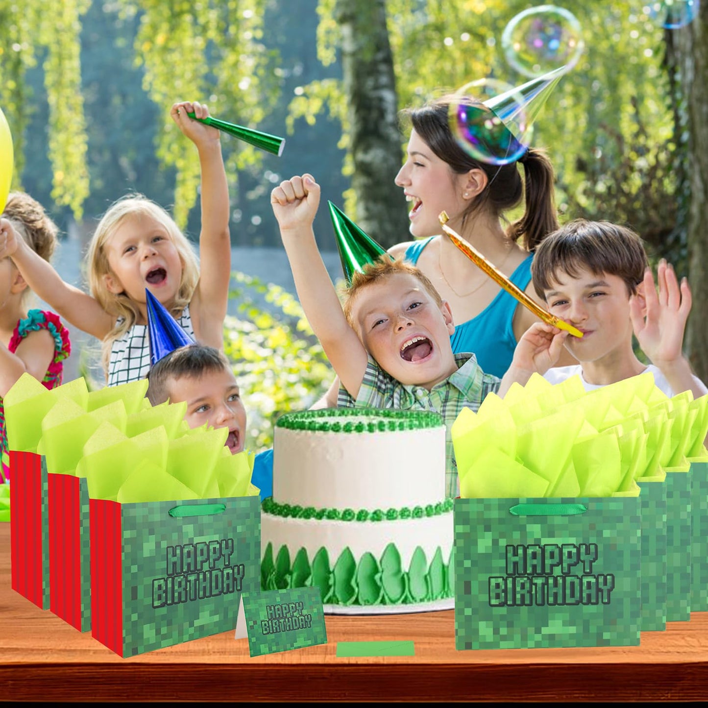 Happy Birthday Goodie Bags, Pixel Theme Gift Bags with Tissue Paper Greeting Card Envelope Party Supplies for Birthday